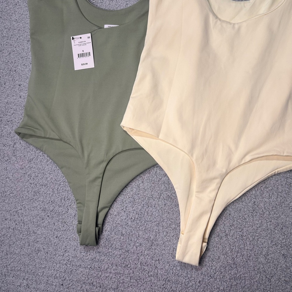 Cotton On Bodysuit Cleo Scoop Neck Low Back S Green Cream Minimal Basic 2 Pack - Picture 8 of 11